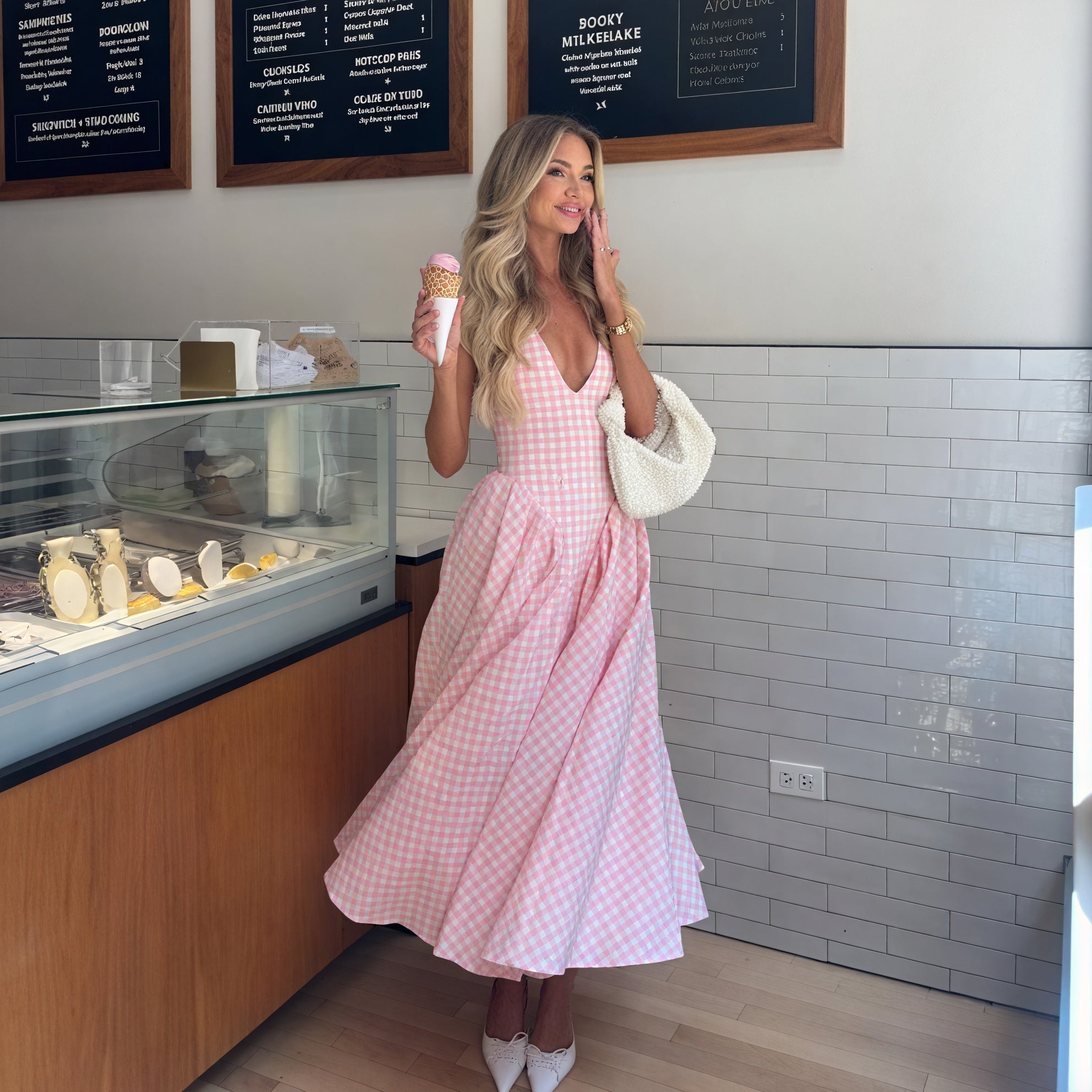 Women's Pink Gingham V-Neck Pleated Midi Dress-83586-323438b6-2cee-4b0f-9d9f-8737f9b67f35