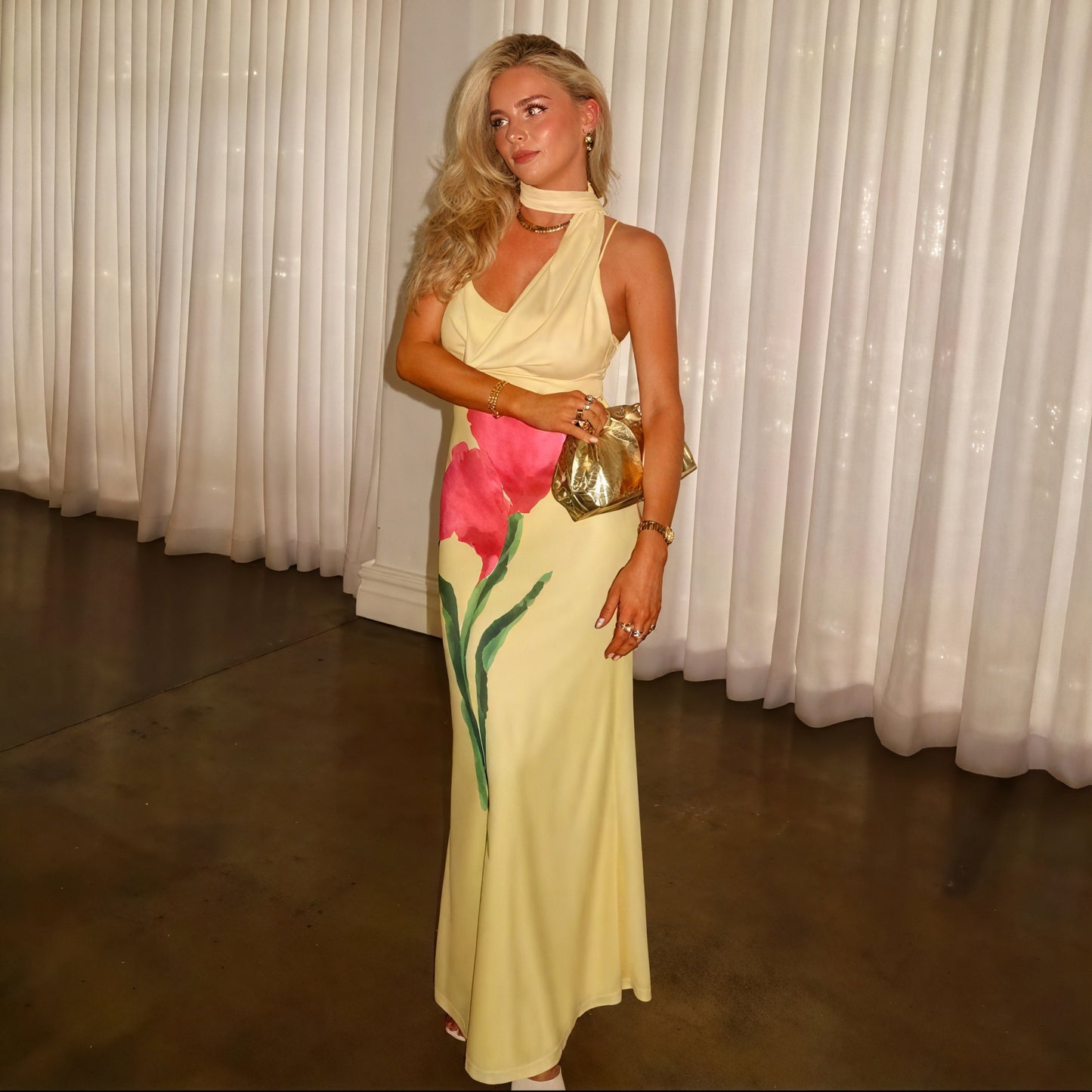 Women's Yellow Floral Halter Maxi Dress – Flowing Style-83591-6701cd67-b004-4fcb-b030-872bbb64b395