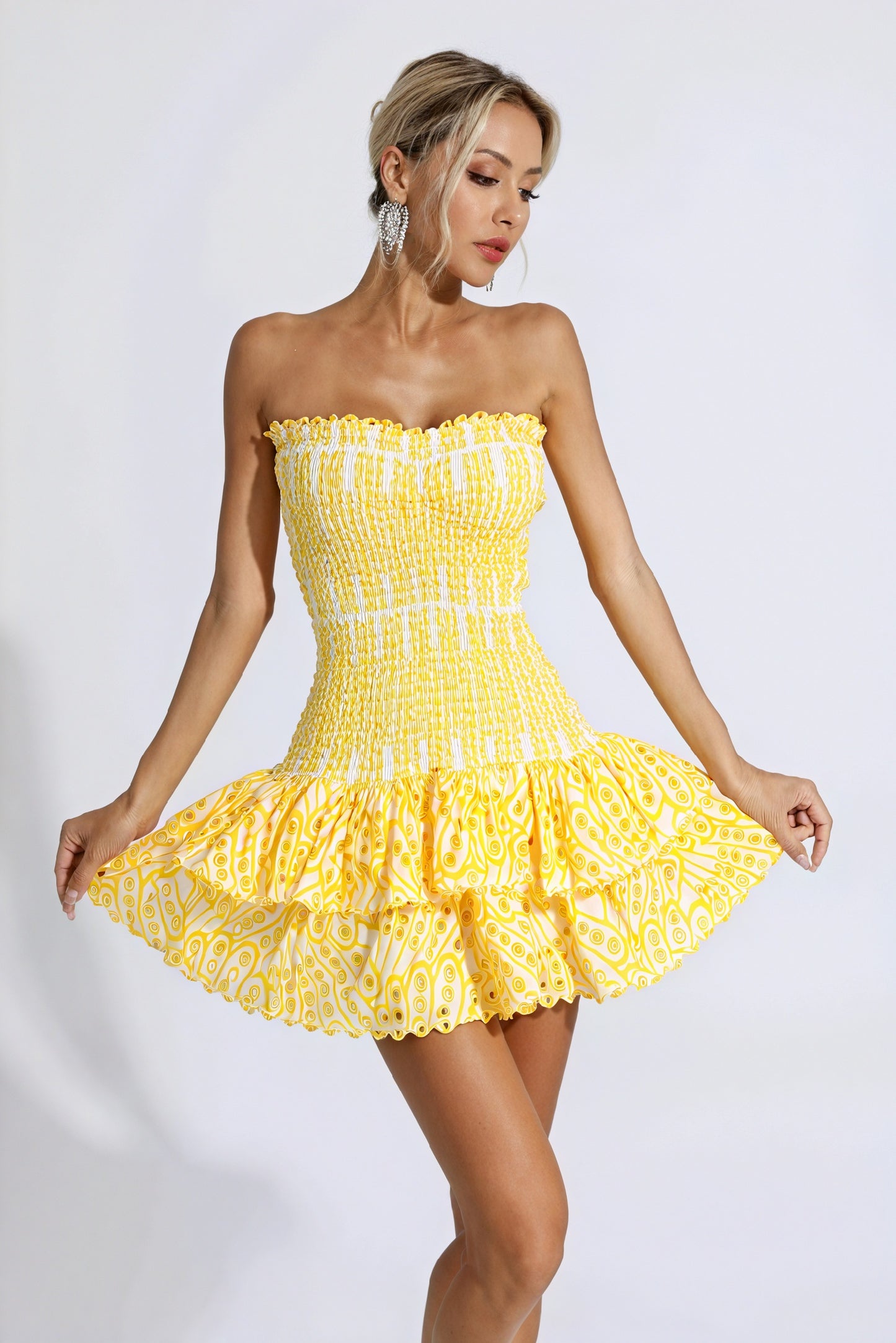Women's Mini Dress – Yellow & White Patterned, Strapless Ruffled Smocked Bodice-83597-8ee10531-3403-4339-aefe-a918a41a09b3