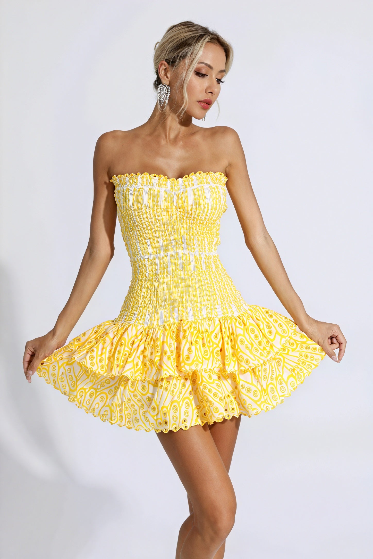 Women's Mini Dress – Yellow & White Patterned, Strapless Ruffled Smocked Bodice-83597-8ee10531-3403-4339-aefe-a918a41a09b3