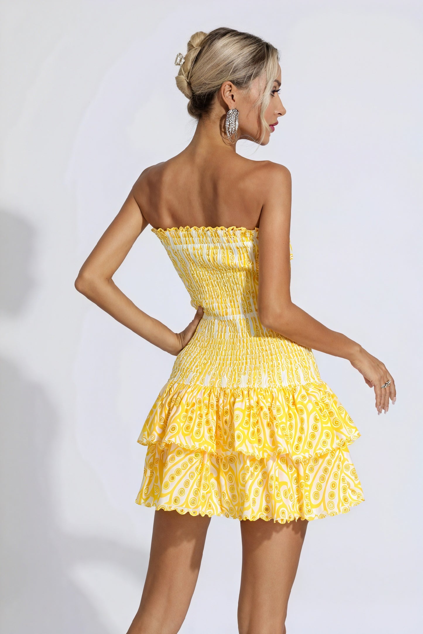 Women's Mini Dress – Yellow & White Patterned, Strapless Ruffled Smocked Bodice-83597-c628ca96-0fc2-4b1d-a5e9-7e92c8bfd720