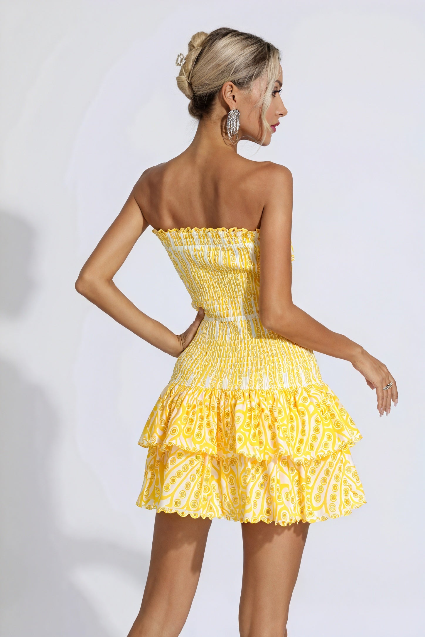 Women's Mini Dress – Yellow & White Patterned, Strapless Ruffled Smocked Bodice-83597-c628ca96-0fc2-4b1d-a5e9-7e92c8bfd720