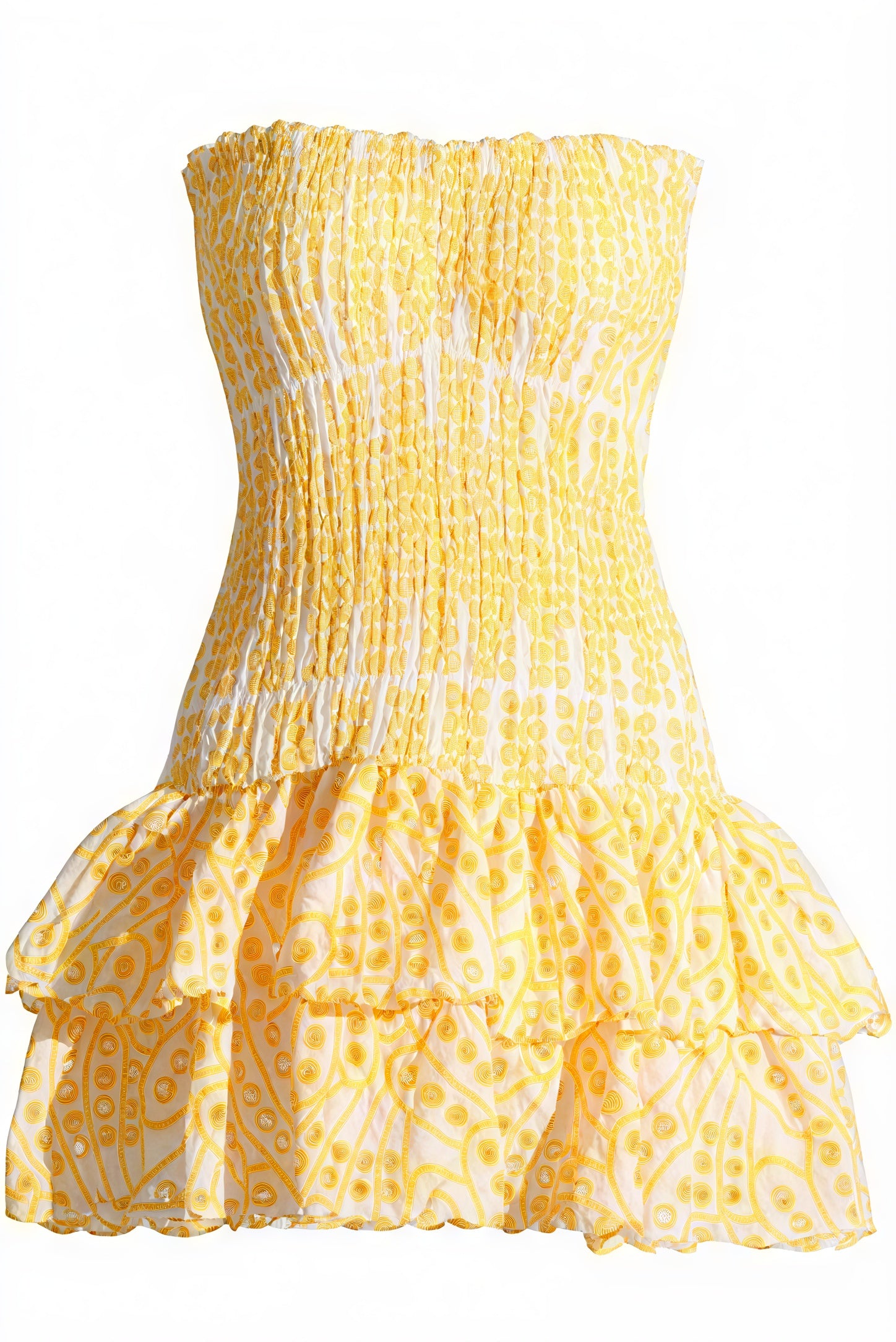 Women's Mini Dress – Yellow & White Patterned, Strapless Ruffled Smocked Bodice-83597-b6f0a8ab-1a2b-4af0-9909-a10916a20e61