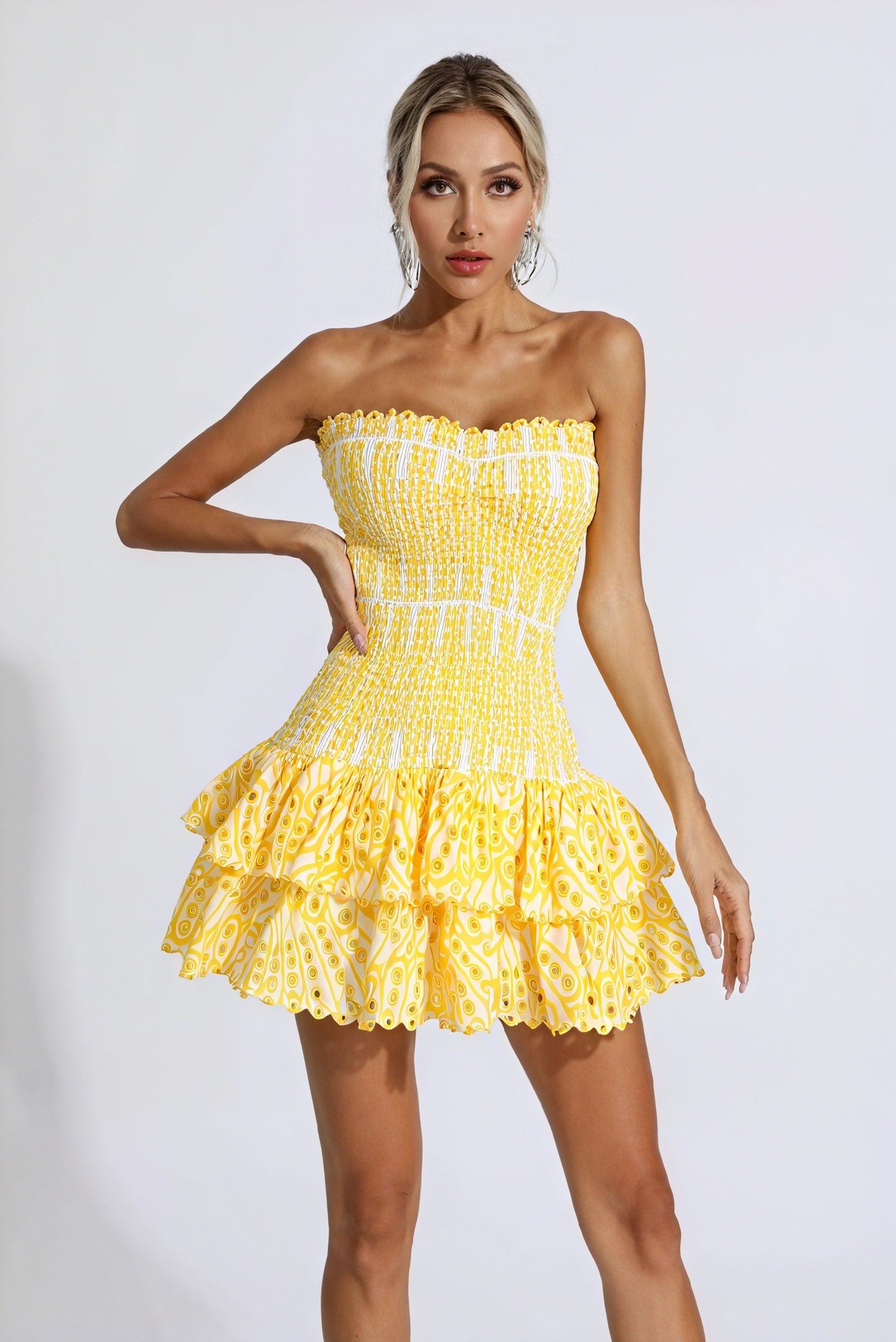 Women's Mini Dress – Yellow & White Patterned, Strapless Ruffled Smocked Bodice-83597-ed252179-6693-4aff-aaeb-bc86831e4be4
