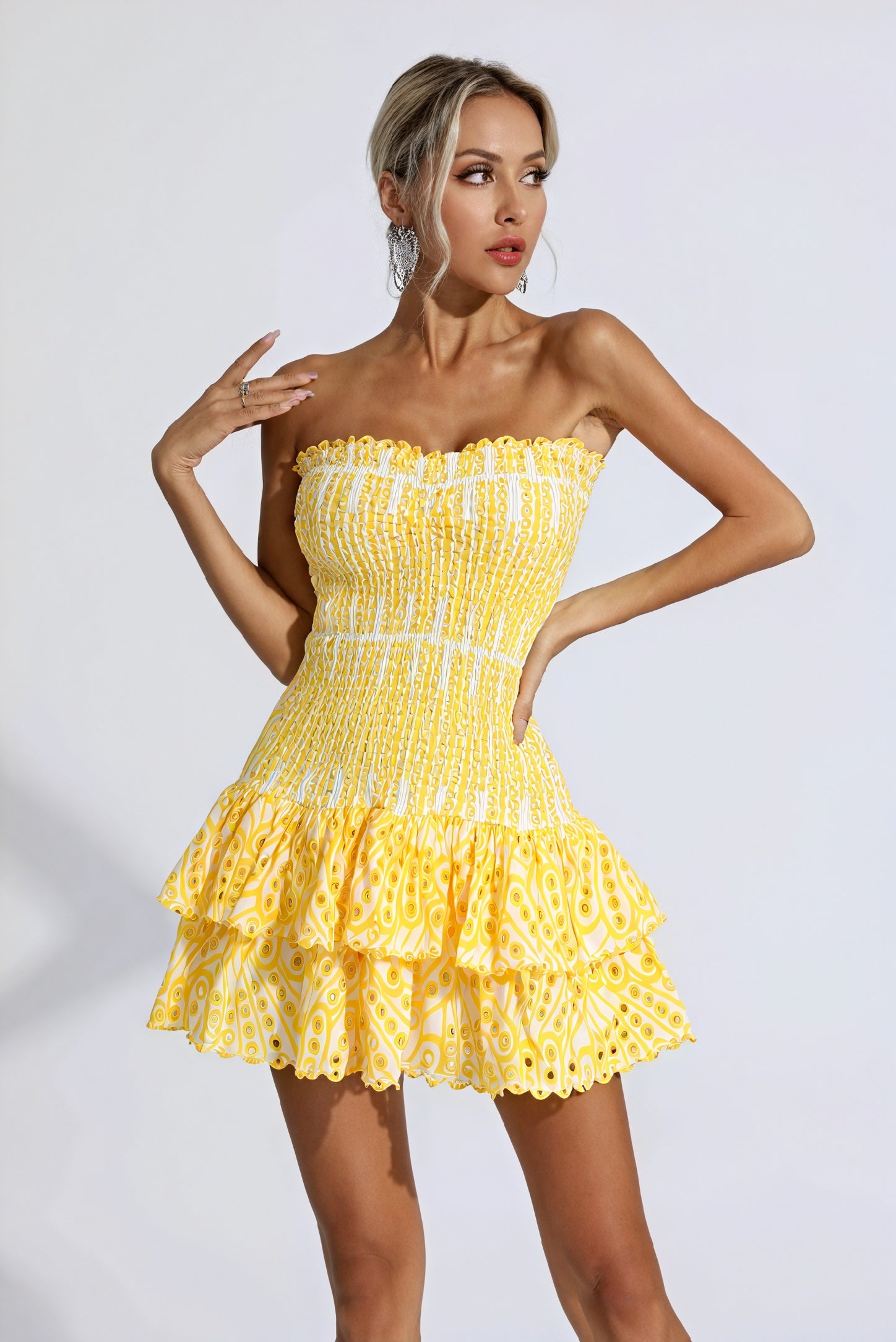Women's Mini Dress – Yellow & White Patterned, Strapless Ruffled Smocked Bodice-83597-64679c6f-8fa6-4d07-af3b-edb4f9a3abdd