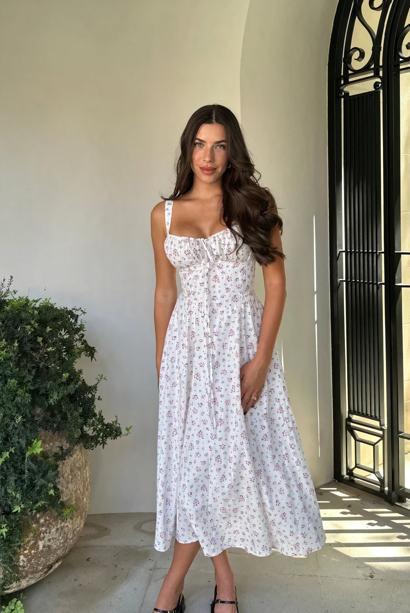 Women's Maxi Dress – White Floral Print, Tie-Up Bust, Adjustable Straps-83612-fad87f55-0396-4920-8b94-669c799192ed