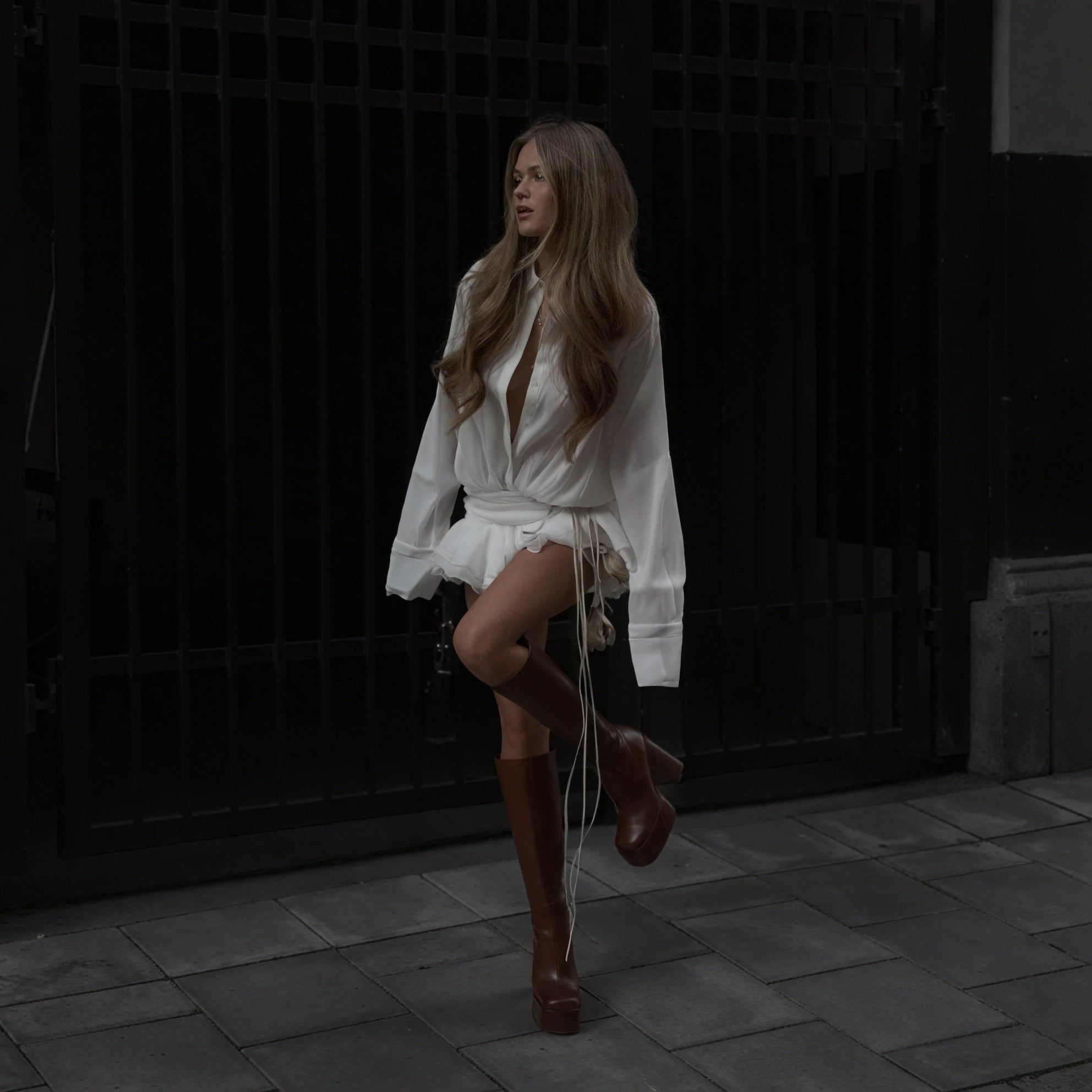 Women's White Long Sleeve Button-Down Dress, Elegant Style-83661-7618abd9-a467-414f-b924-28a429e8daaa