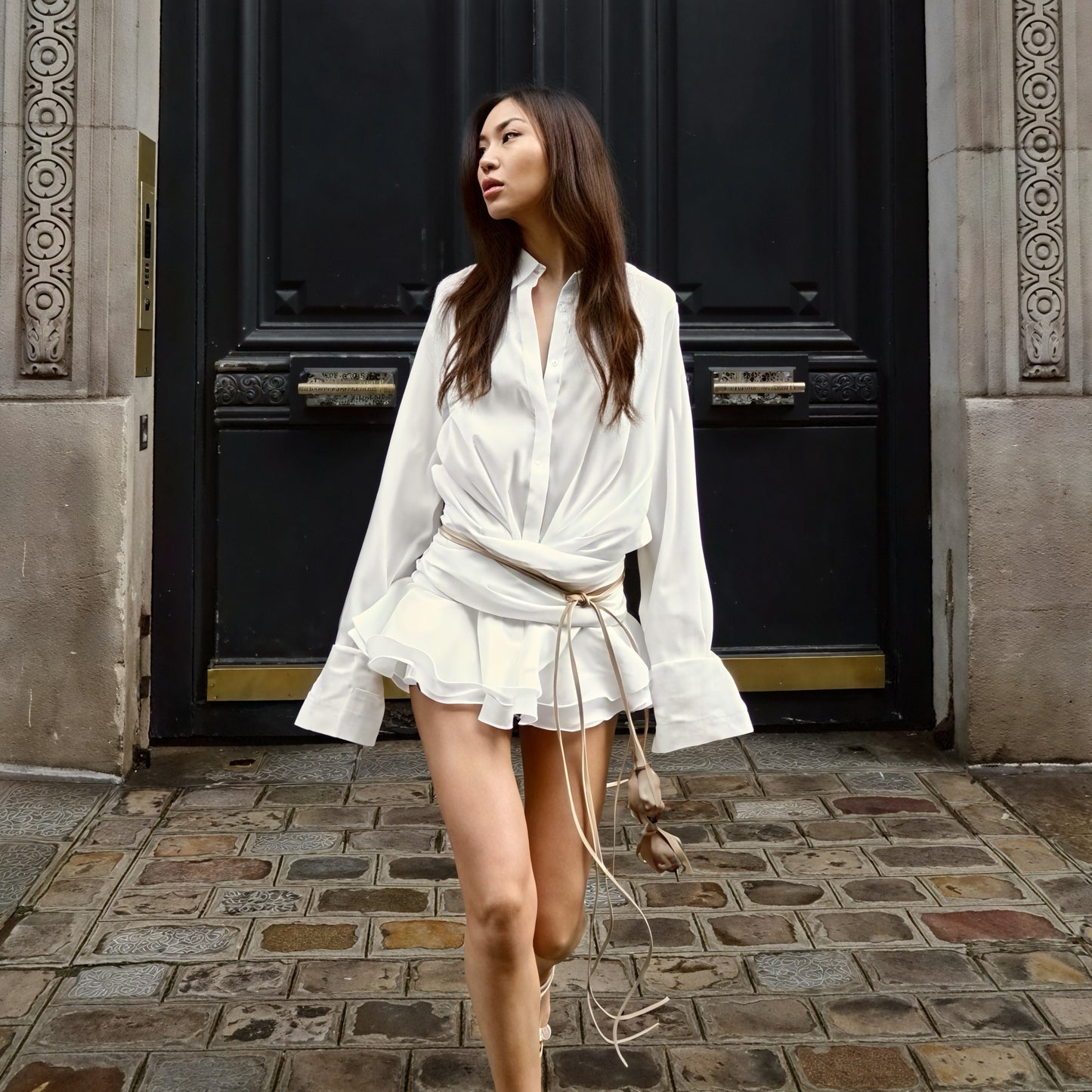 Women's White Long Sleeve Button-Down Dress, Elegant Style-83661-73ff15e4-555d-4e8a-805d-203d4dcf5690