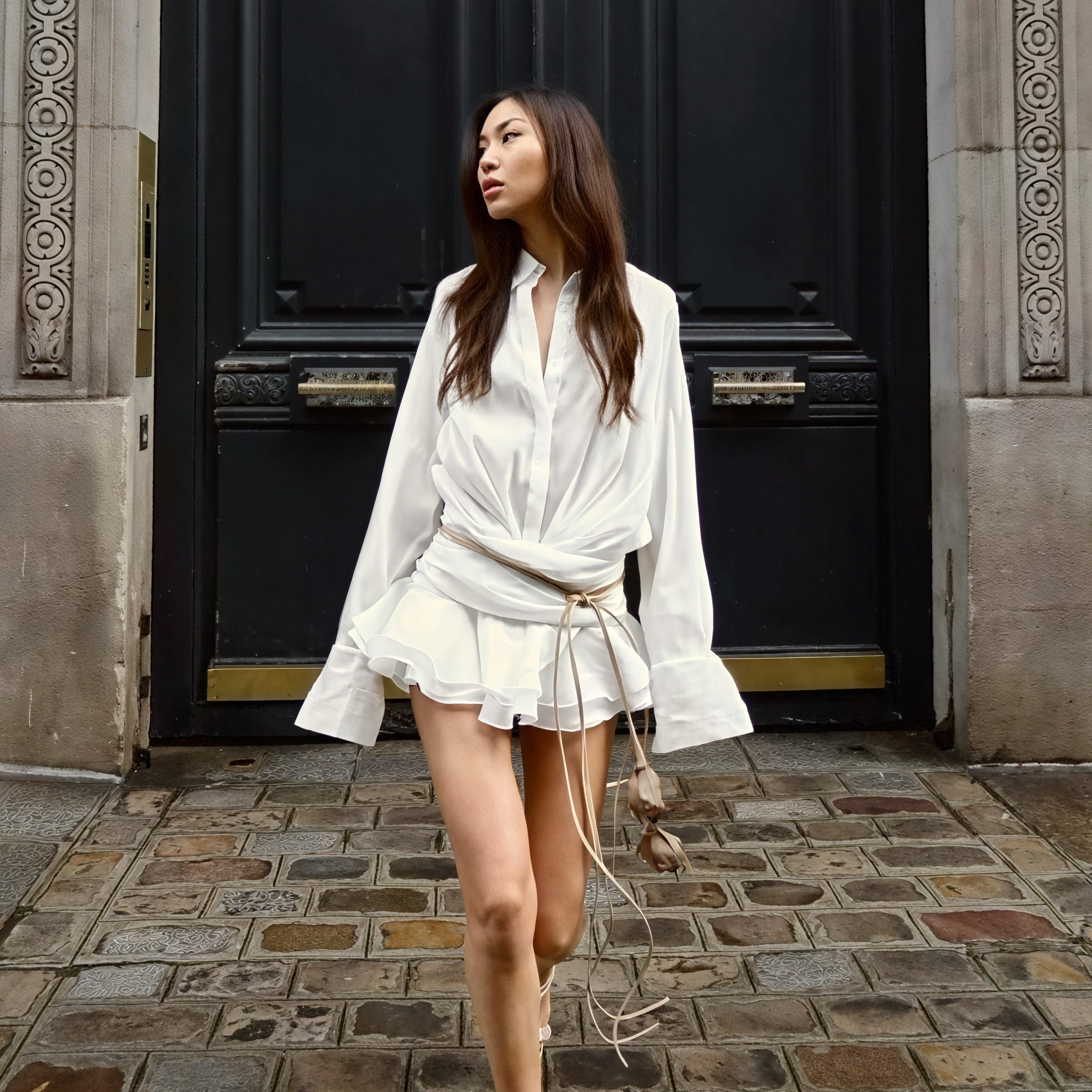 Women's White Long Sleeve Button-Down Dress, Elegant Style-83661-73ff15e4-555d-4e8a-805d-203d4dcf5690