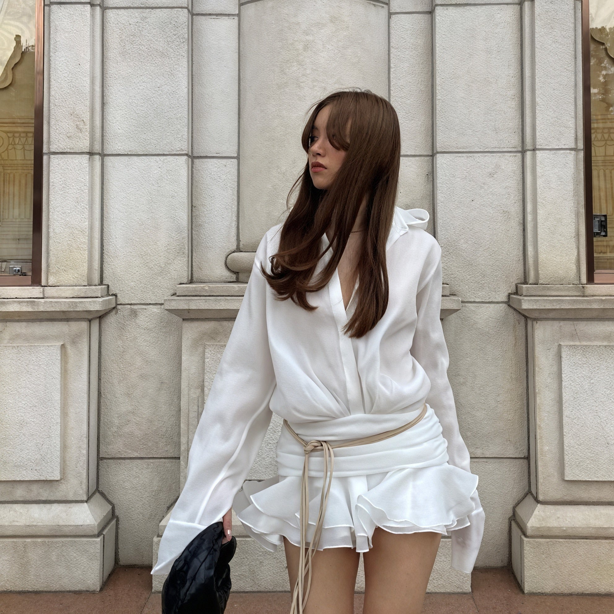 Women's White Long Sleeve Button-Down Dress, Elegant Style-83661-e80965aa-d18f-466b-a5c8-d574a13e7d24