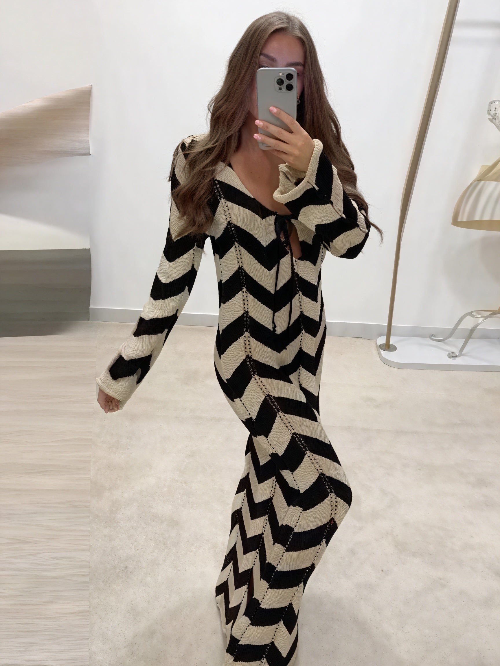 Women's Knit Dress – Chevron Pattern, Long Sleeve, Modern Style-83785-6a7b6052-18fb-46ba-a74a-3b7ef65669a9