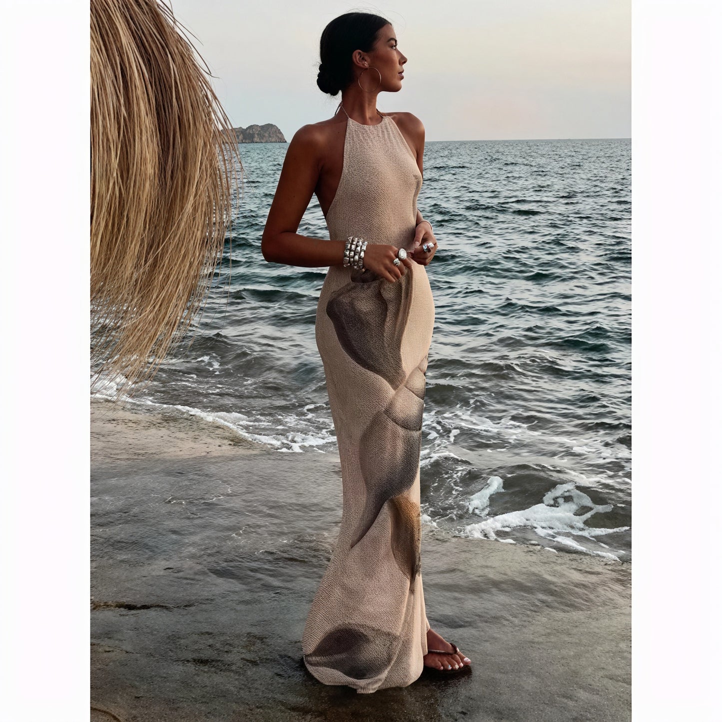 Women's Maxi Dress – Halter Neck, Unique Print, Textured, Floor-Length-83816-19811c5f-c13c-4134-8d7d-3b88331553a1