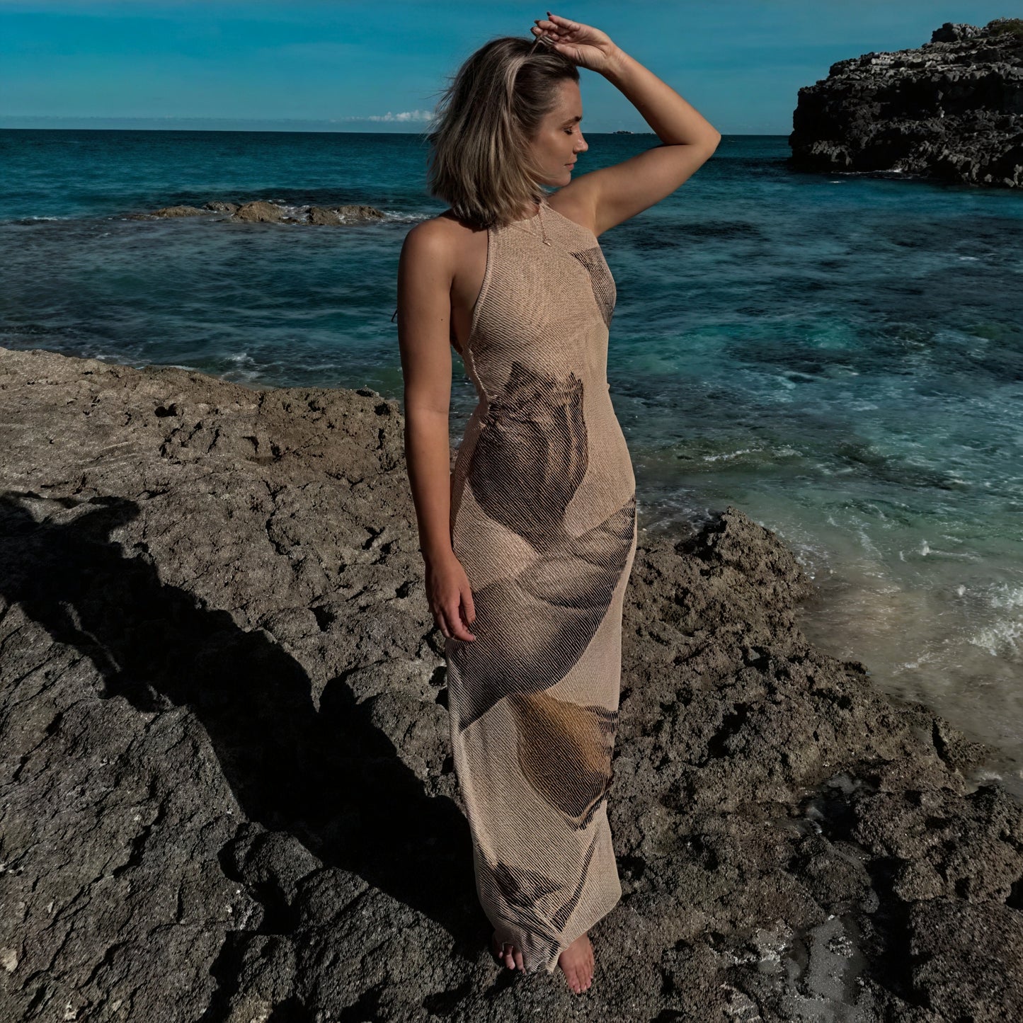 Women's Maxi Dress – Halter Neck, Unique Print, Textured, Floor-Length-83816-c102dc19-a8a1-4a7d-ad77-948b69298a8e