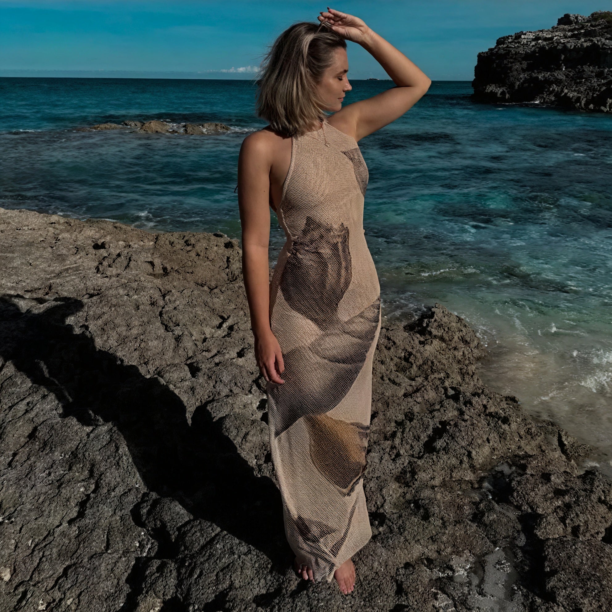 Women's Maxi Dress – Halter Neck, Unique Print, Textured, Floor-Length-83816-c102dc19-a8a1-4a7d-ad77-948b69298a8e