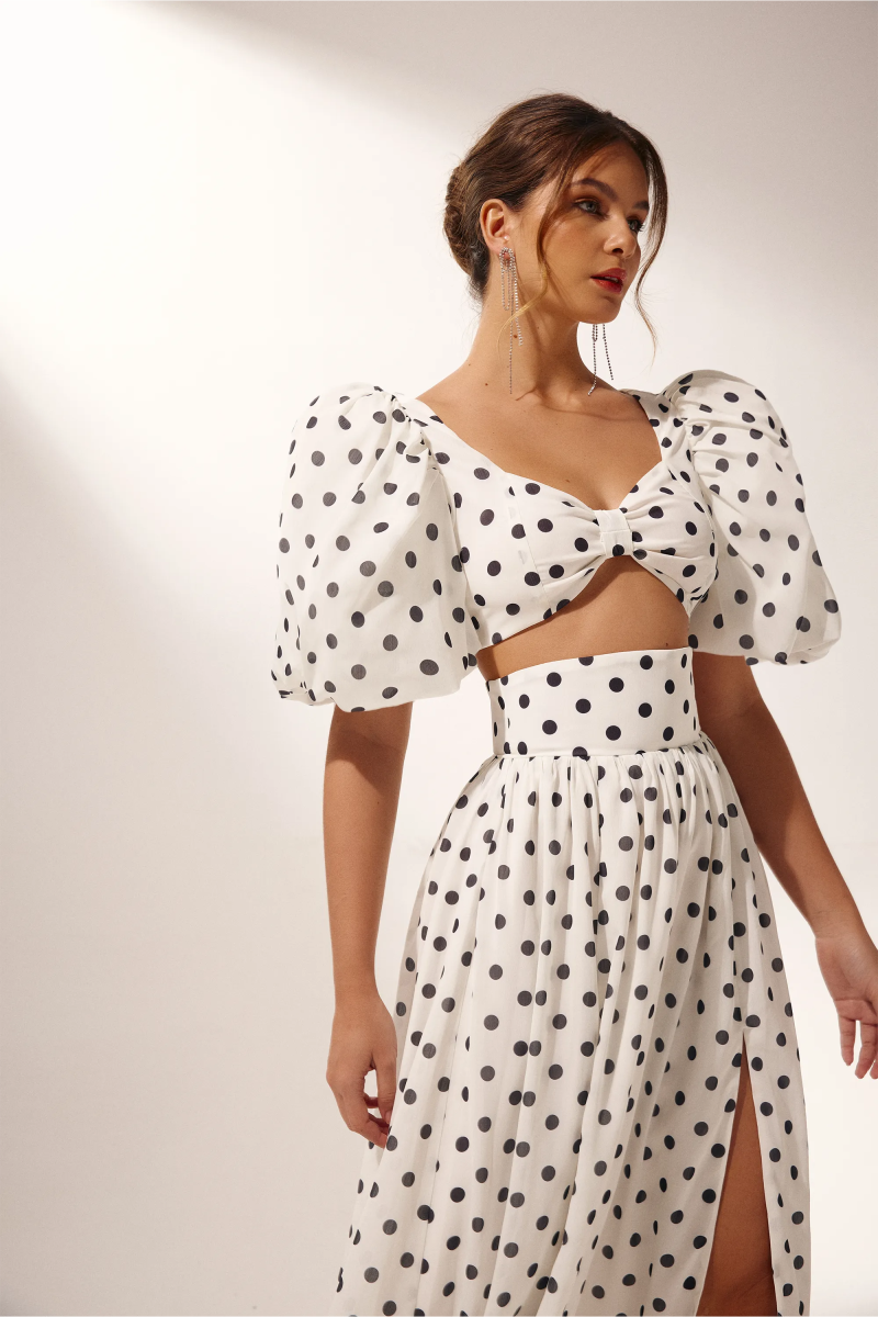 Polka Dot Two-Piece Dress with High Slit