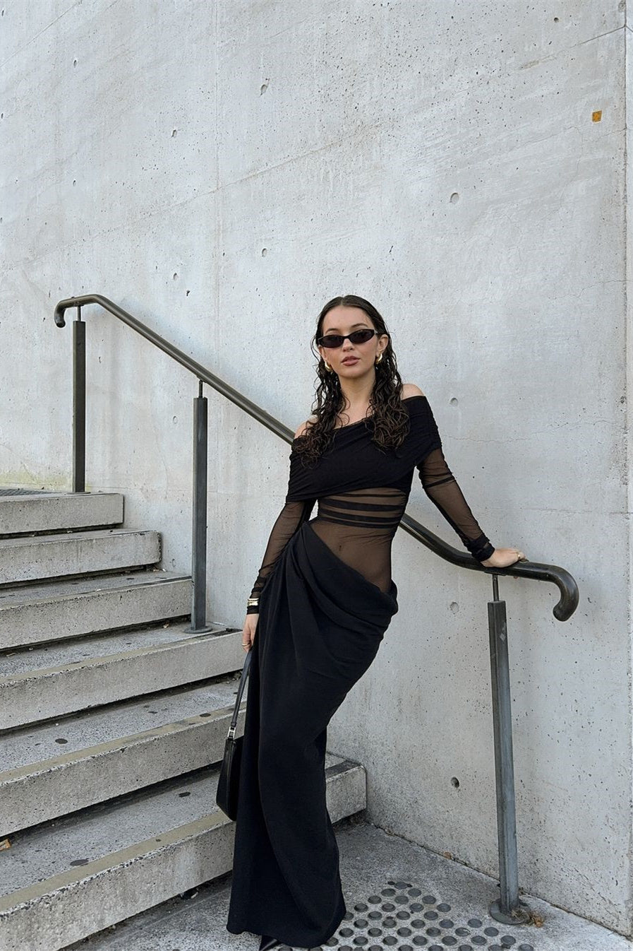 Sheer Sleeve Draped Skirt Occasion Gown