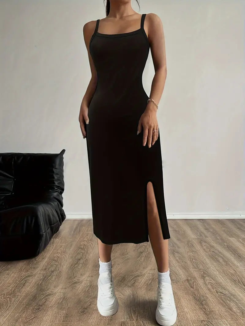 Black Midi Dress - Adjustable Straps, Side Slit