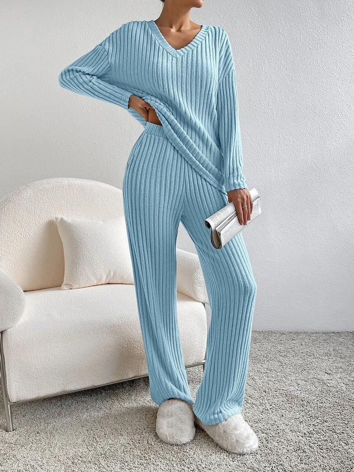 Ribbed Knit Loungewear Set - V-Neck and Wide Leg