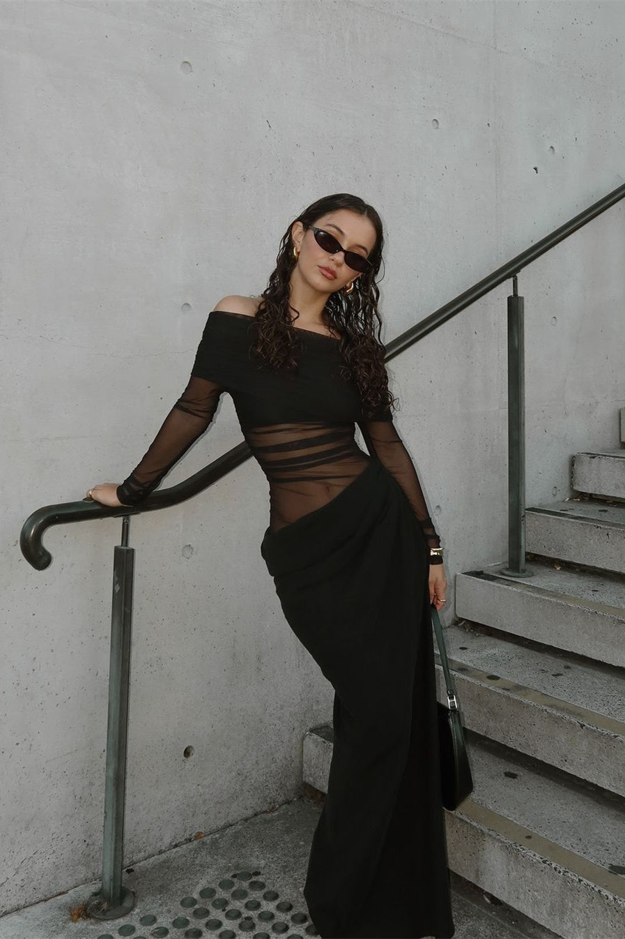 Sheer Sleeve Draped Skirt Occasion Gown