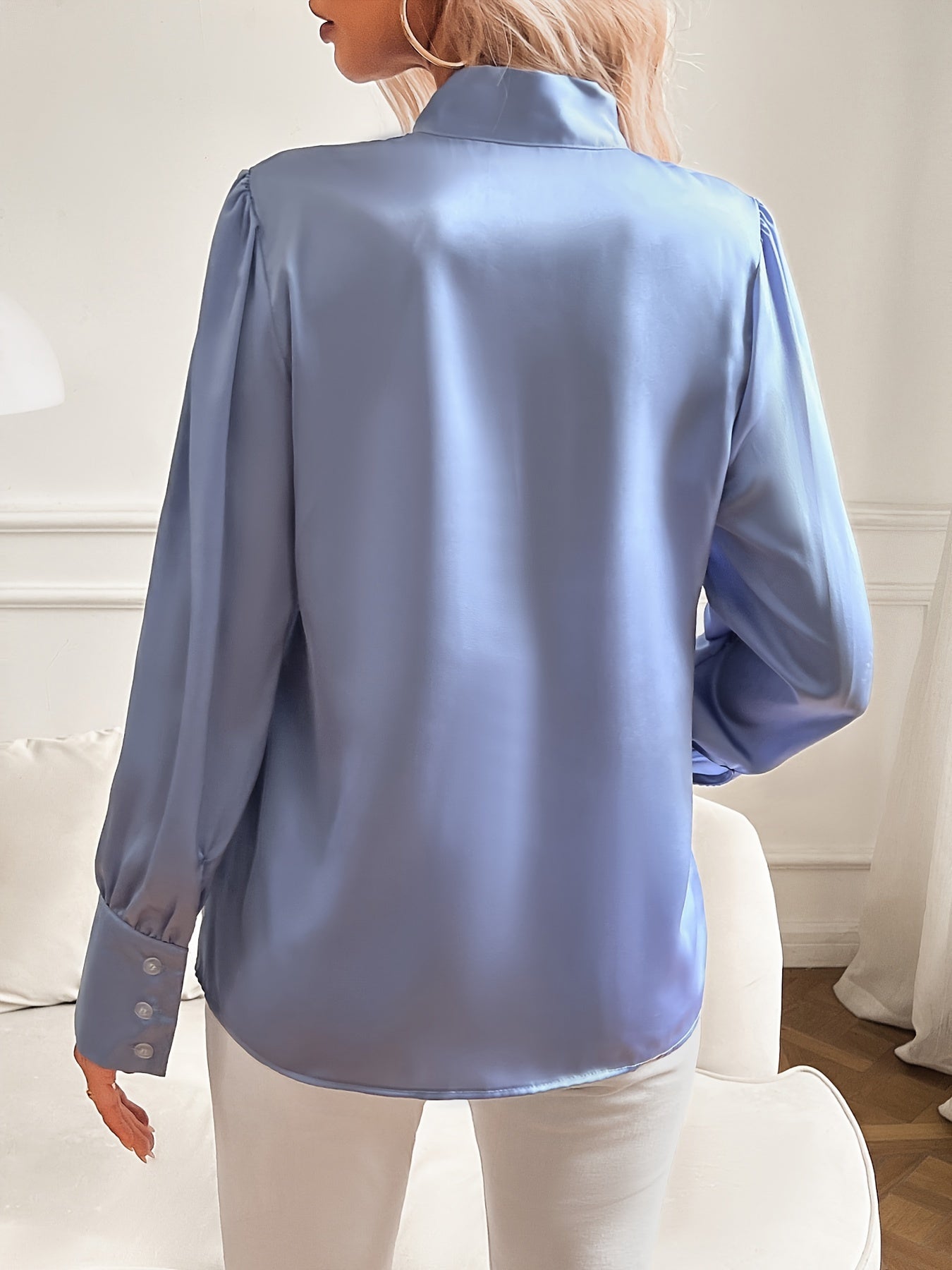 Bow Neckline Blouse with Cuffed Sleeves