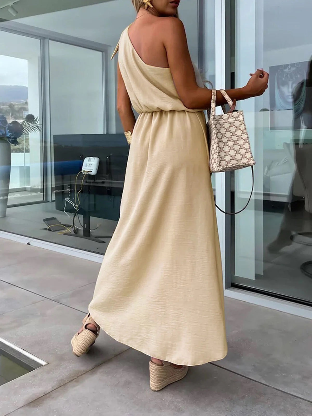 Women's One-Shoulder Maxi Dress – Asymmetrical Neckline, Side Slit, Waist Tie-83342-8839f17e-0ff8-443f-9d9c-d30e02aead09