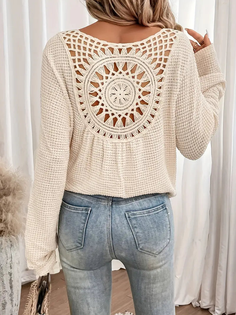Waffle Knit Top - Open Crochet Back Detail