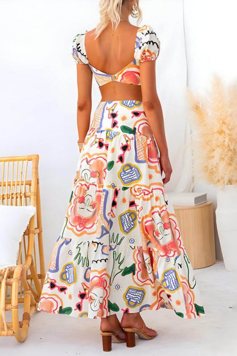 Abstract Print Crop Top Set - Maxi Skirt