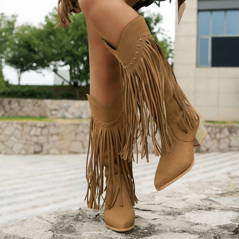 Knee-High Boots - Suede Fringe & Stud Detail