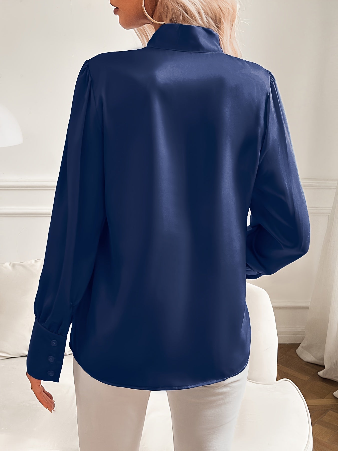 Bow Neckline Blouse with Cuffed Sleeves