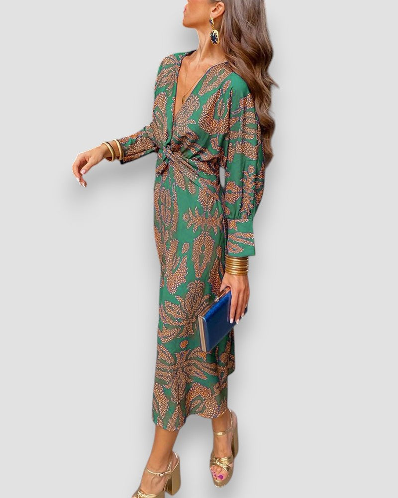 Women's Printed V-Neck Long Sleeve Dress with Knot Waist Detail-83293-8cde6ddb-c59a-4b0b-848a-d85cf5d35ecd