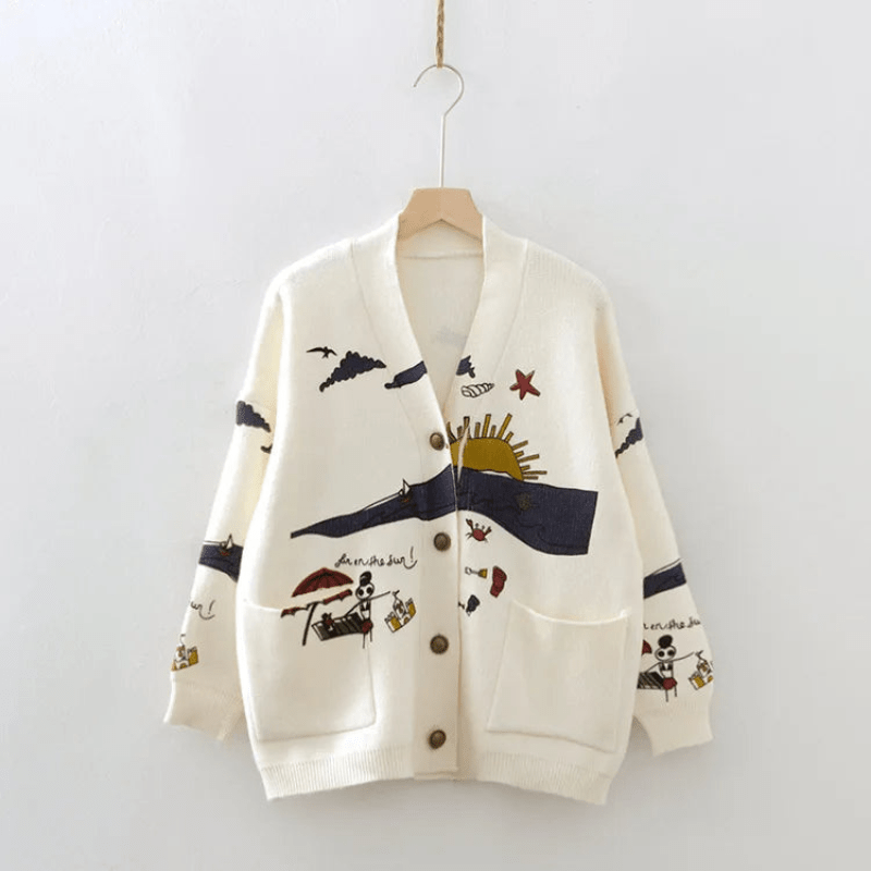Embroidered Oversized Cardigan with Pockets