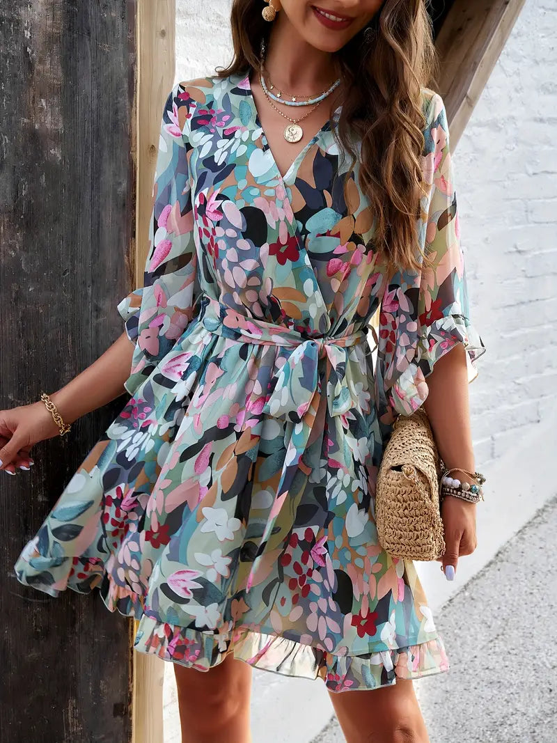 Floral Wrap Mini Dress - Ruffle Hem and Bell Sleeves