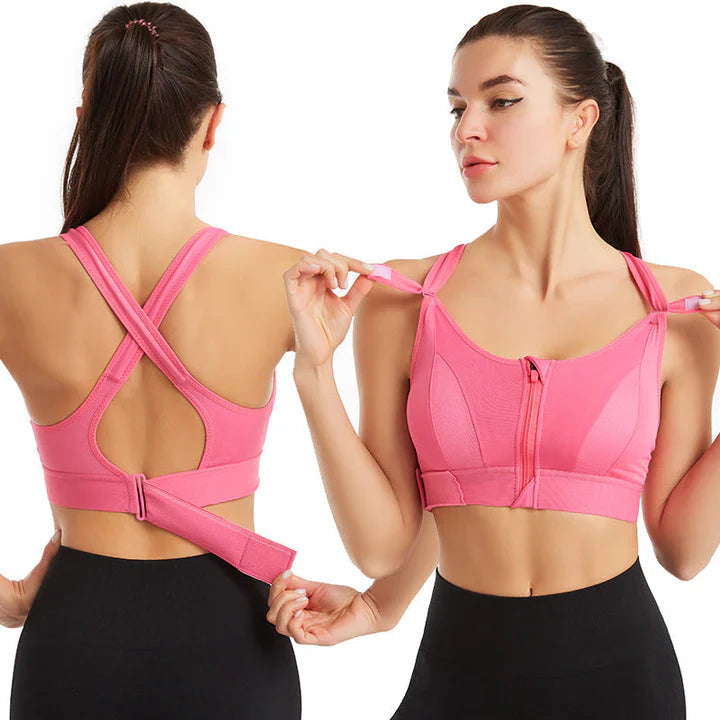 Zip Front Sports Bra - Crisscross Back, Moisture-Wicking