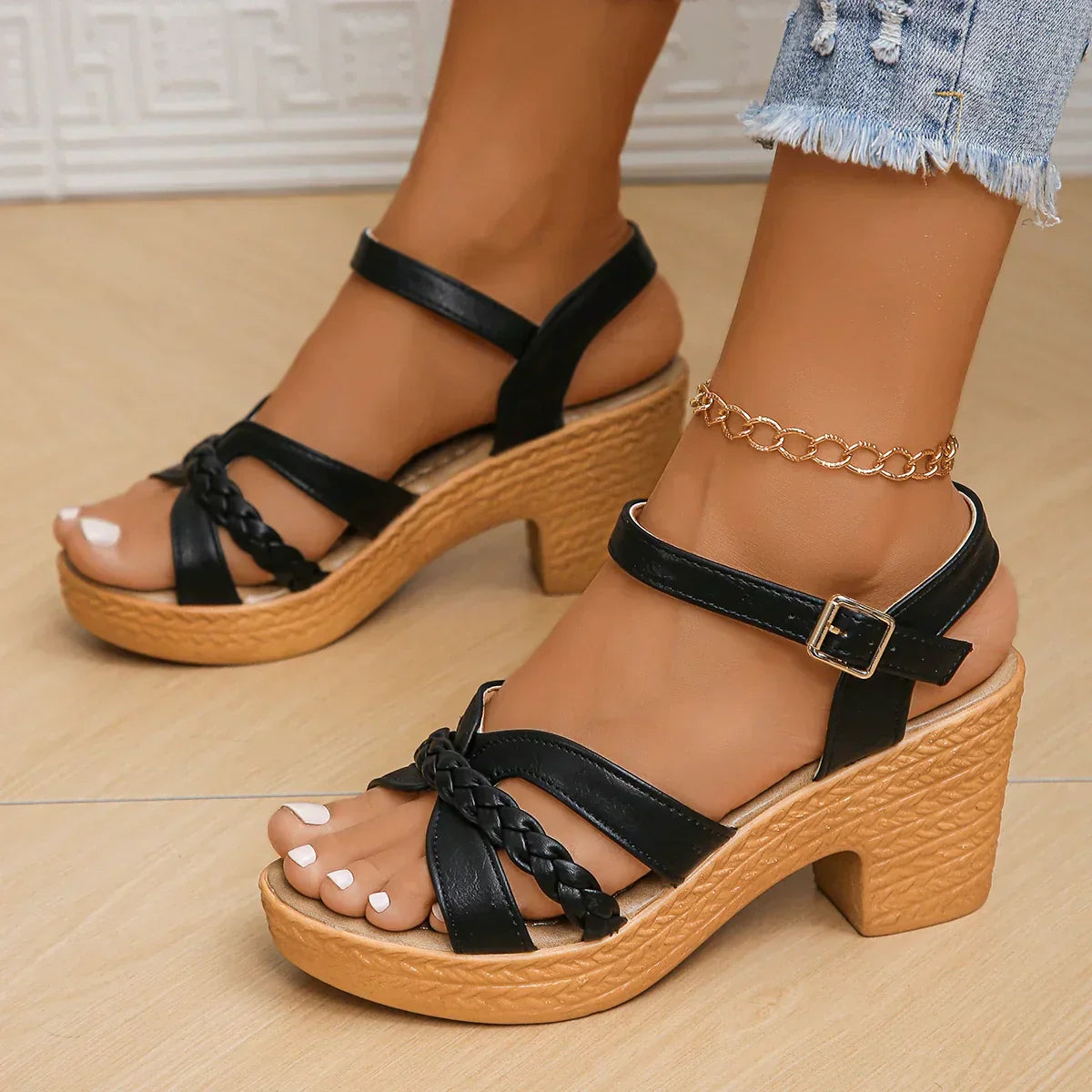 Woven Platform Sandals - Wedge Heel, Ankle Strap