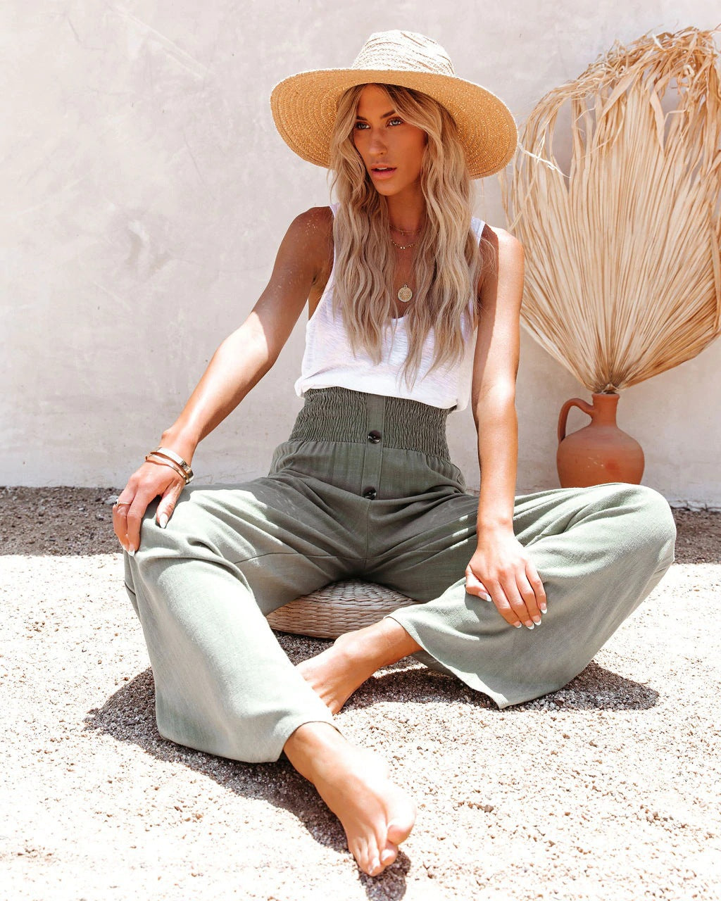 Wide-Leg Pants - High-Waisted with Button Detail