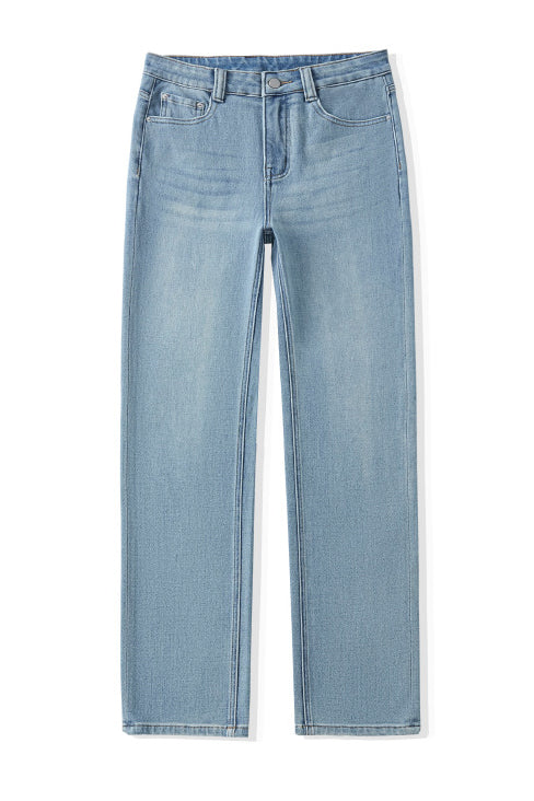 Ribbed Henley Top & High-Waisted Straight Jeans