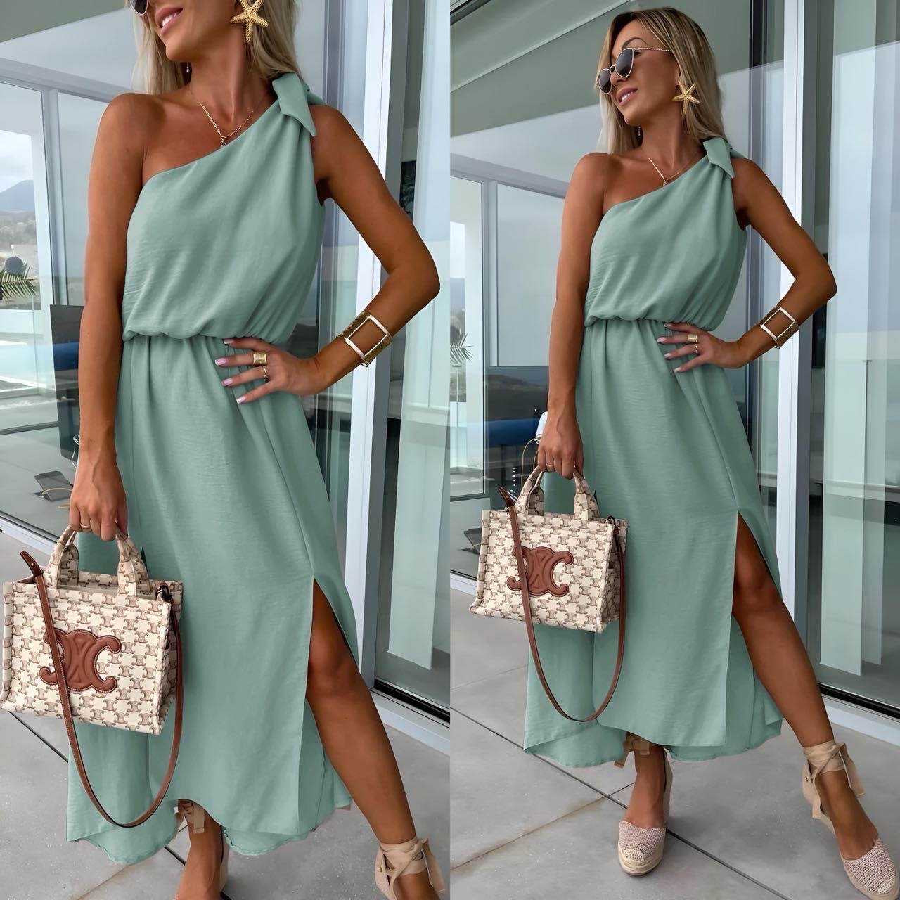 Women's One-Shoulder Maxi Dress – Asymmetrical Neckline, Side Slit, Waist Tie-83342-927e1a47-ccab-4c97-9001-36a3610f621f