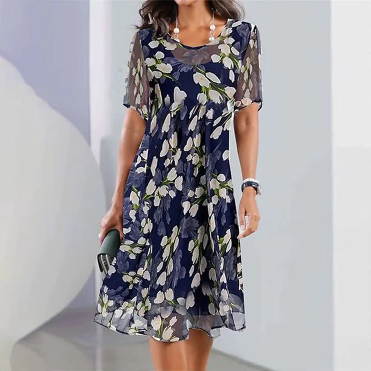 Floral Chiffon Dress - Navy Semi-Sheer Sleeves