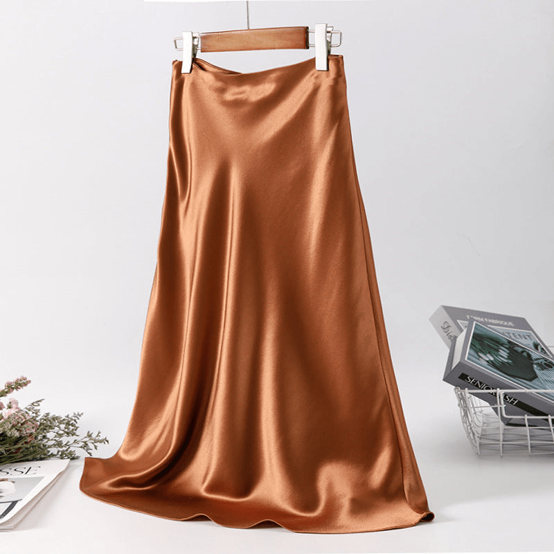 Satin Midi Skirt - High Waist, Flared Hem
