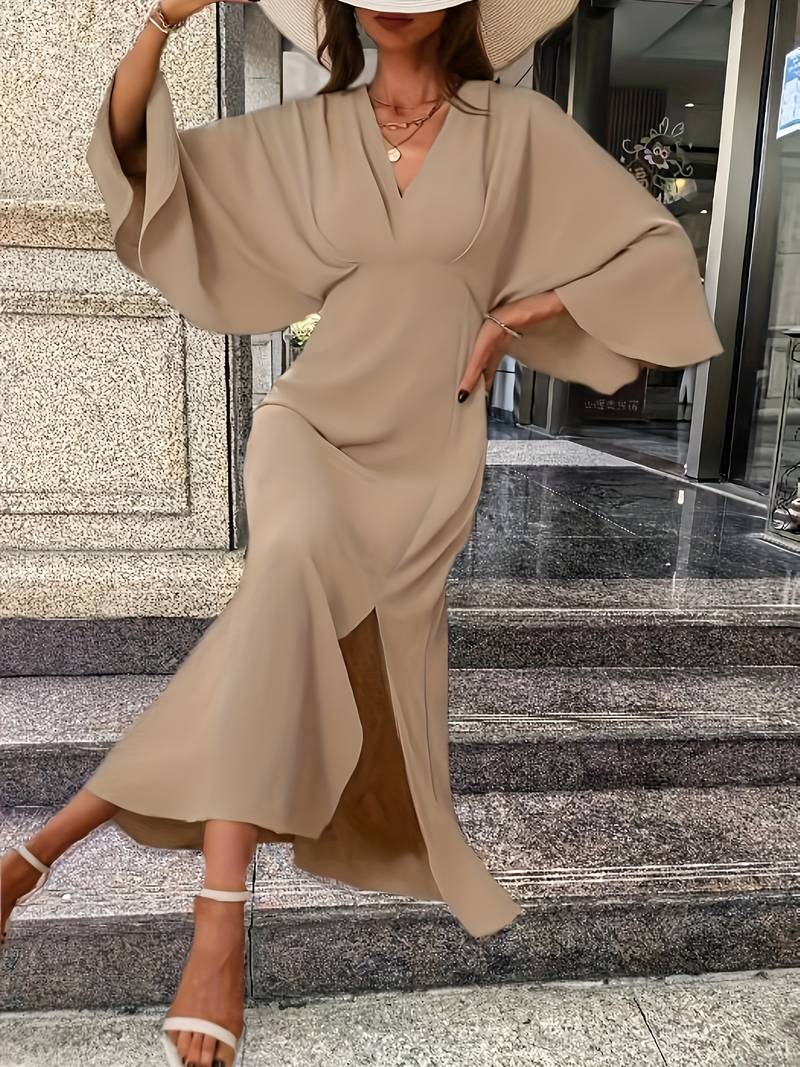Bell Sleeve Dress - V-Neck Midi with Slit