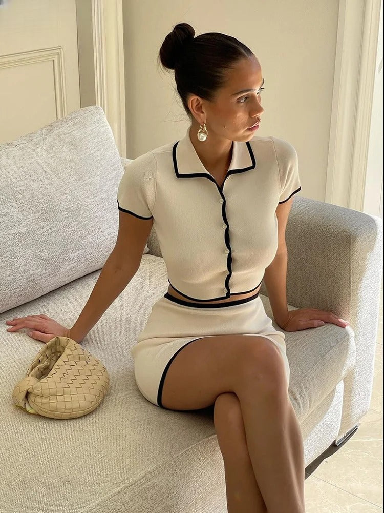 Knit Polo Top & Mini Skirt Set - Trim Detail