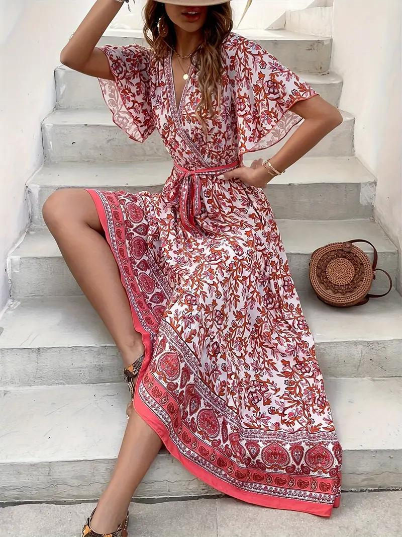 Maxi Dress Floral Print V-Neck Tie Waist Short Sleeve Flowy Bohemian Summer Dress-82359-977732dd-4424-4f15-a1fb-9efdc651999a