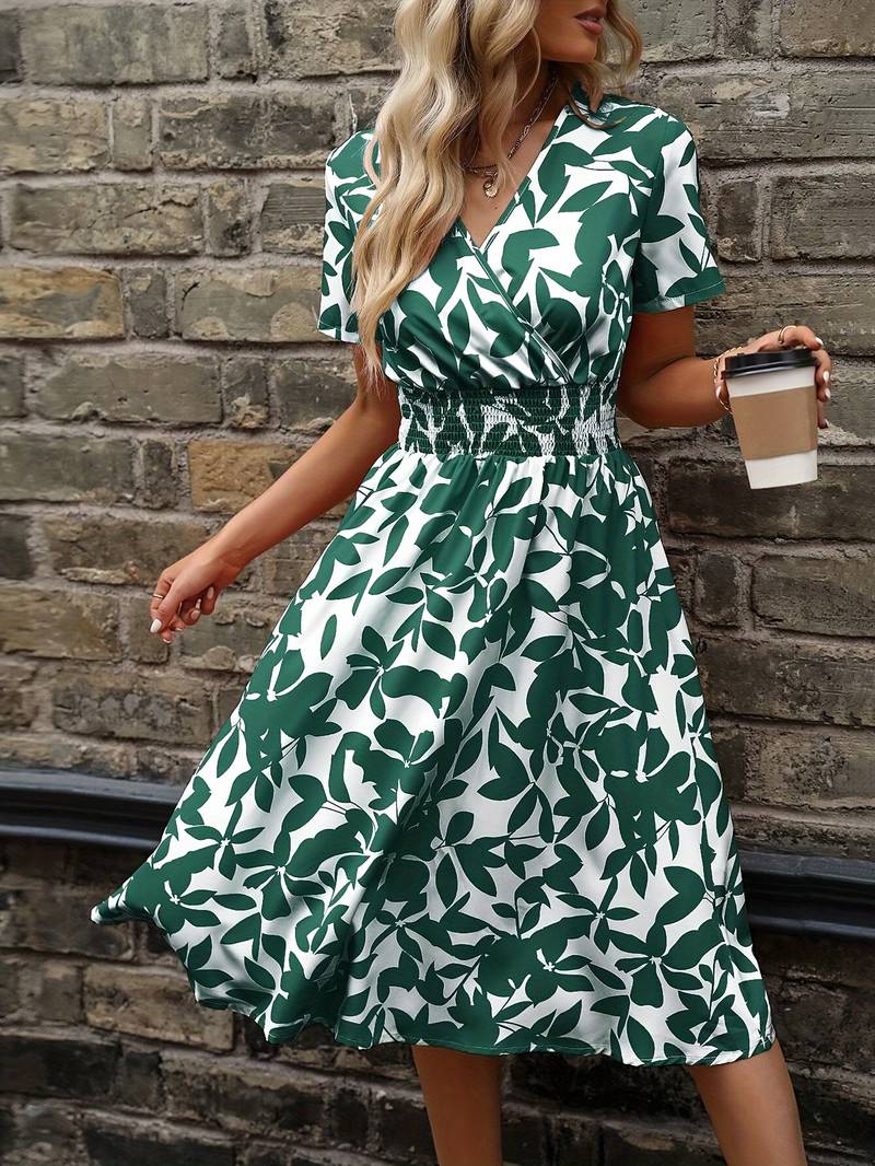 Floral Midi Dress - V-Neck & Elastic Waist