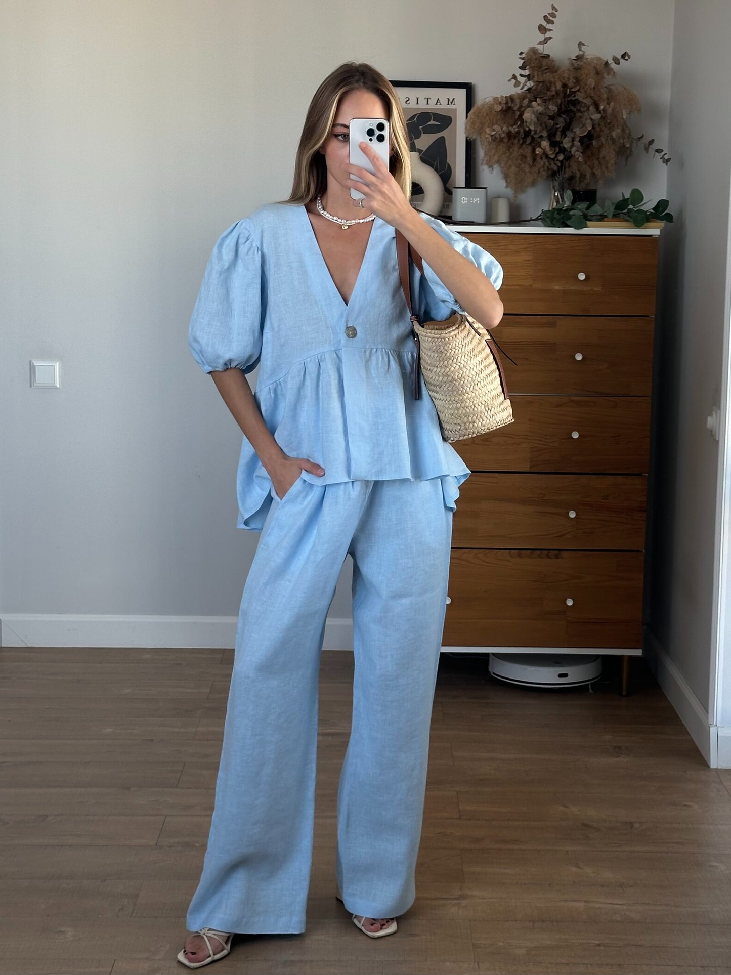 Basicfold Women's Linen Two-Piece Outfit – V-Neck Puff Sleeve Top & Wide-Leg Pants Set-83274-995f1147-86be-4d33-a67f-396f45528208