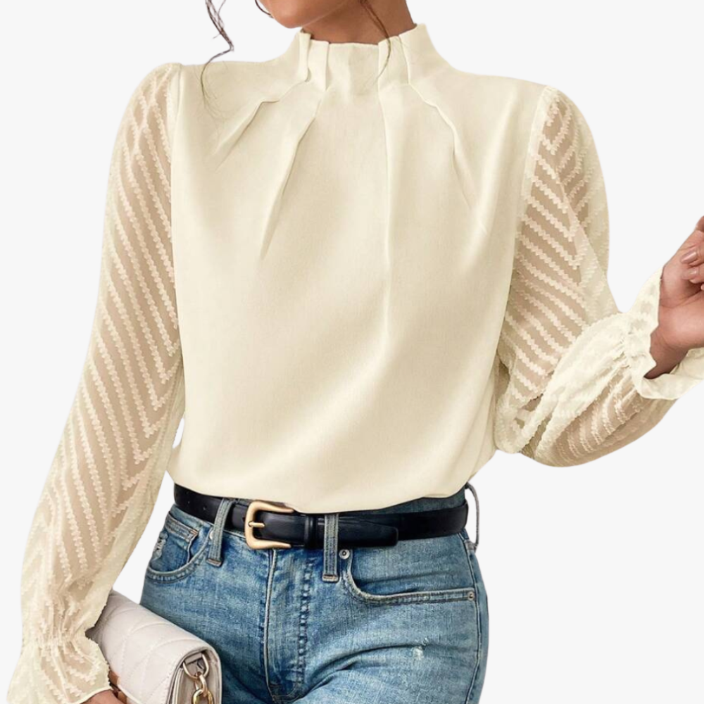 High Neck Blouse - Sheer Chevron Sleeves