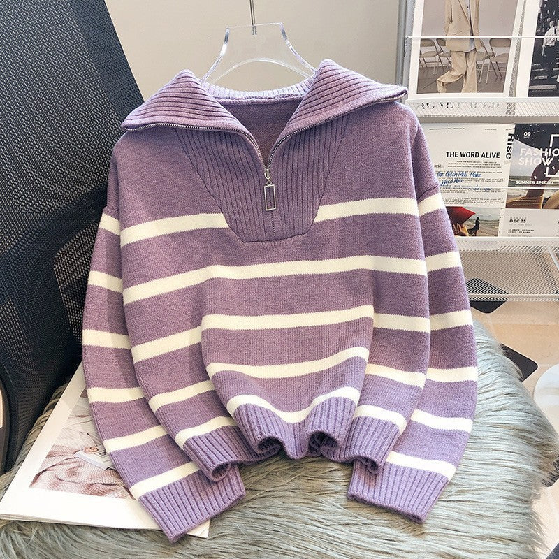 Striped Half-Zip Relaxed Fit Sweater