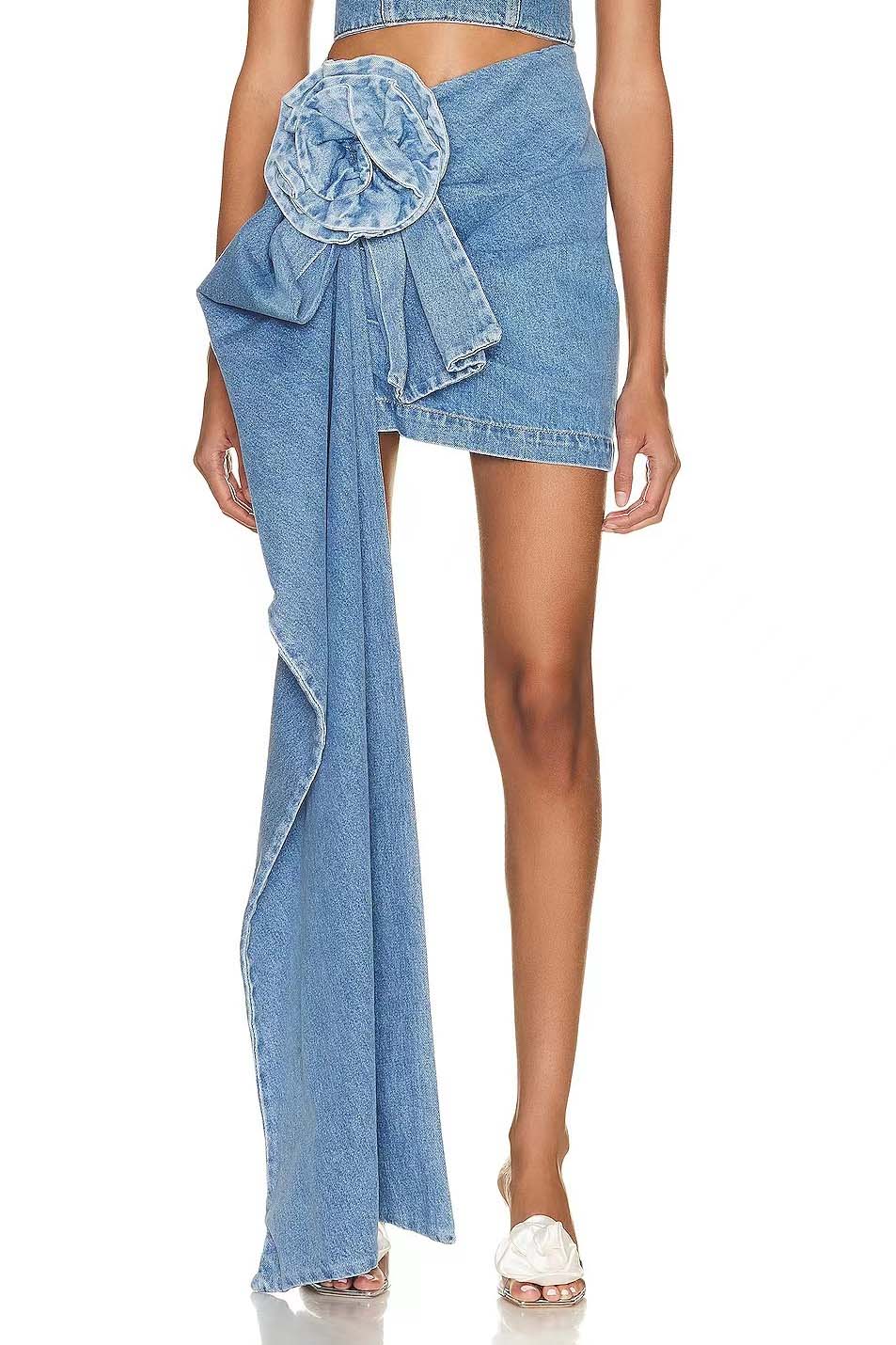 Denim Flower Mini Skirt - Asymmetrical Design