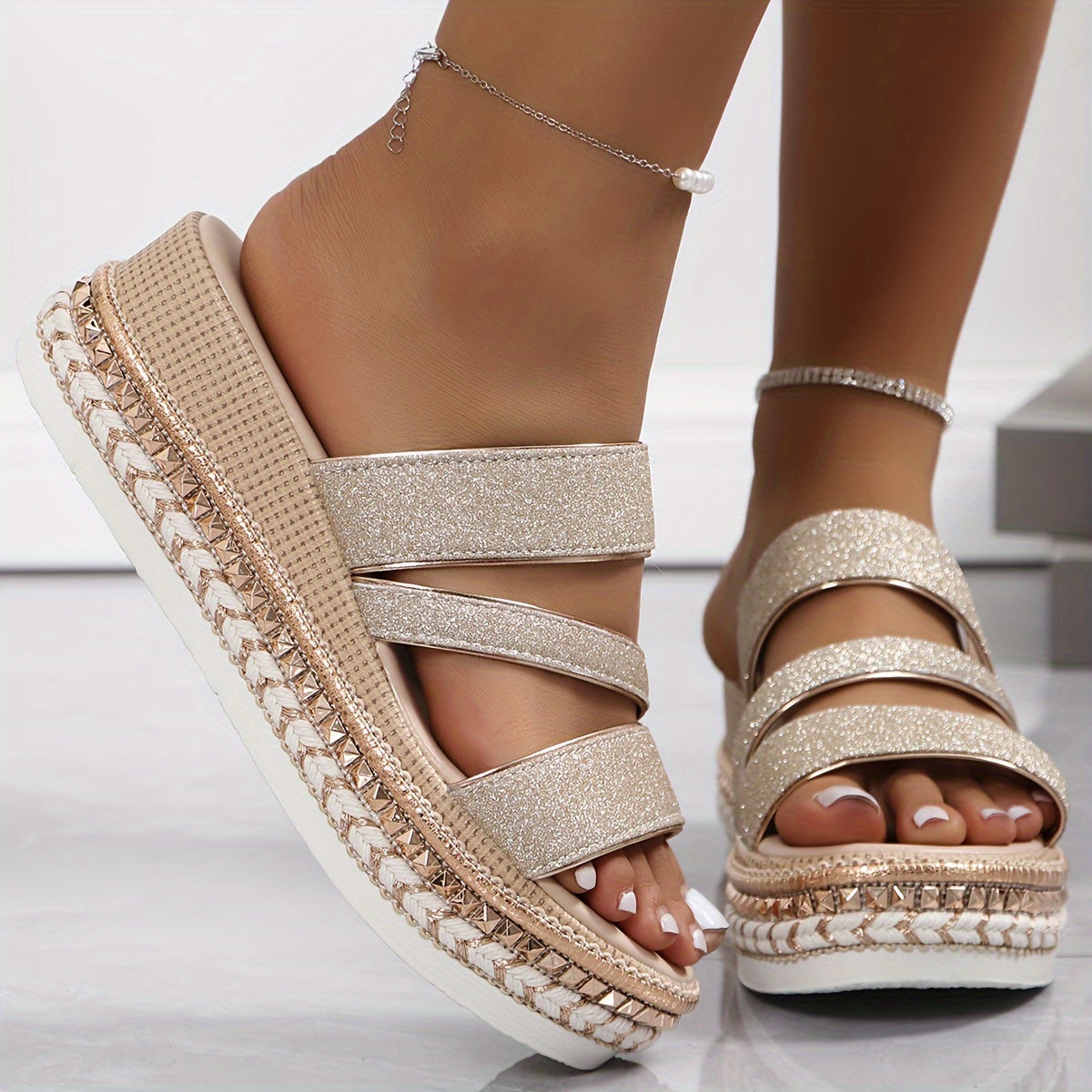 Shimmering Platform Sandals - Open-Toe Design