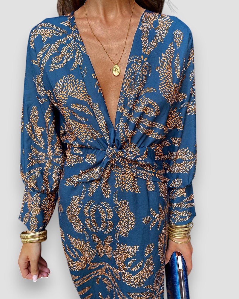 Women's Printed V-Neck Long Sleeve Dress with Knot Waist Detail-83293-9bbd0c1b-d296-49ad-8b72-dcf895a4ce8e