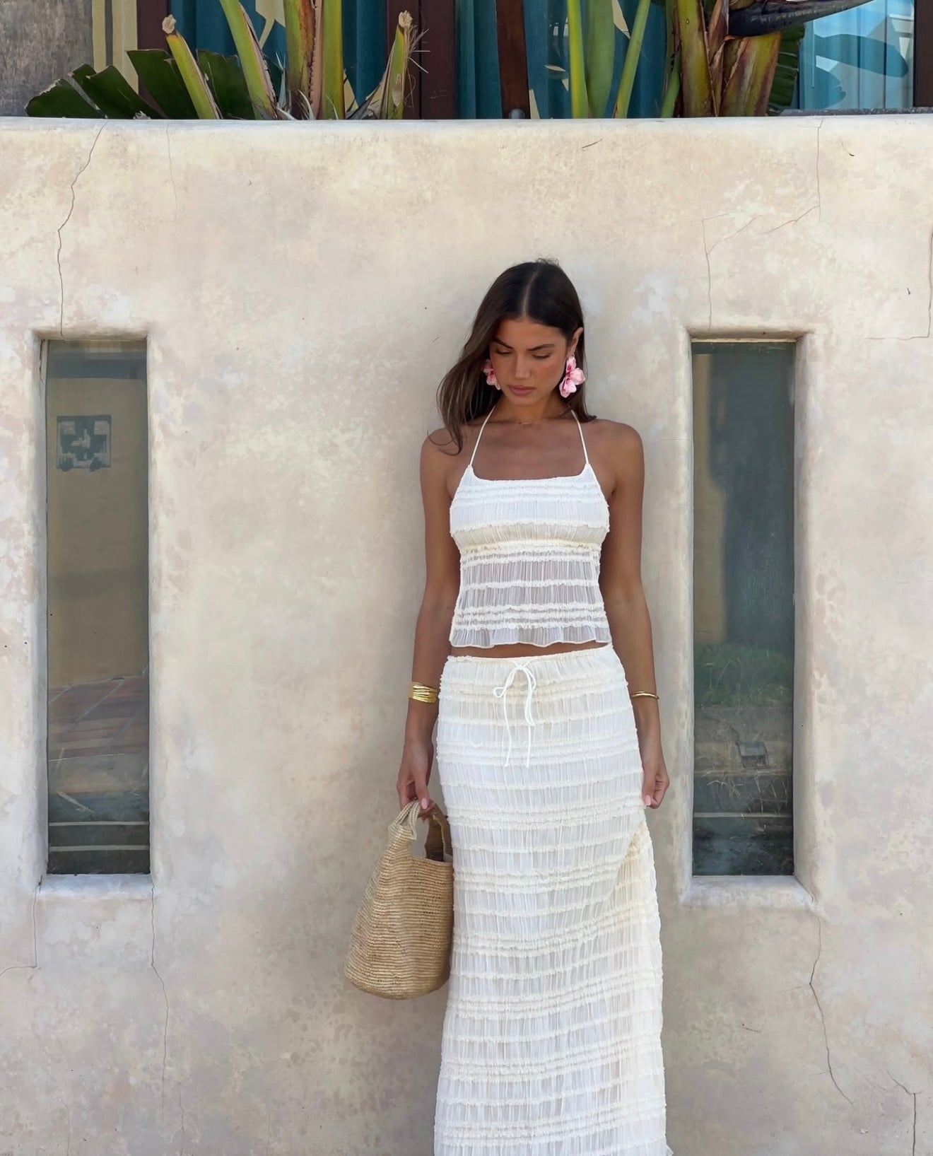 Women's Two-Piece Outfit – Gathered Halter Top & Midi Skirt with Drawstring Waist, Matching Set-83709-9c1670c4-0d8c-4203-ae15-60df4aa98122